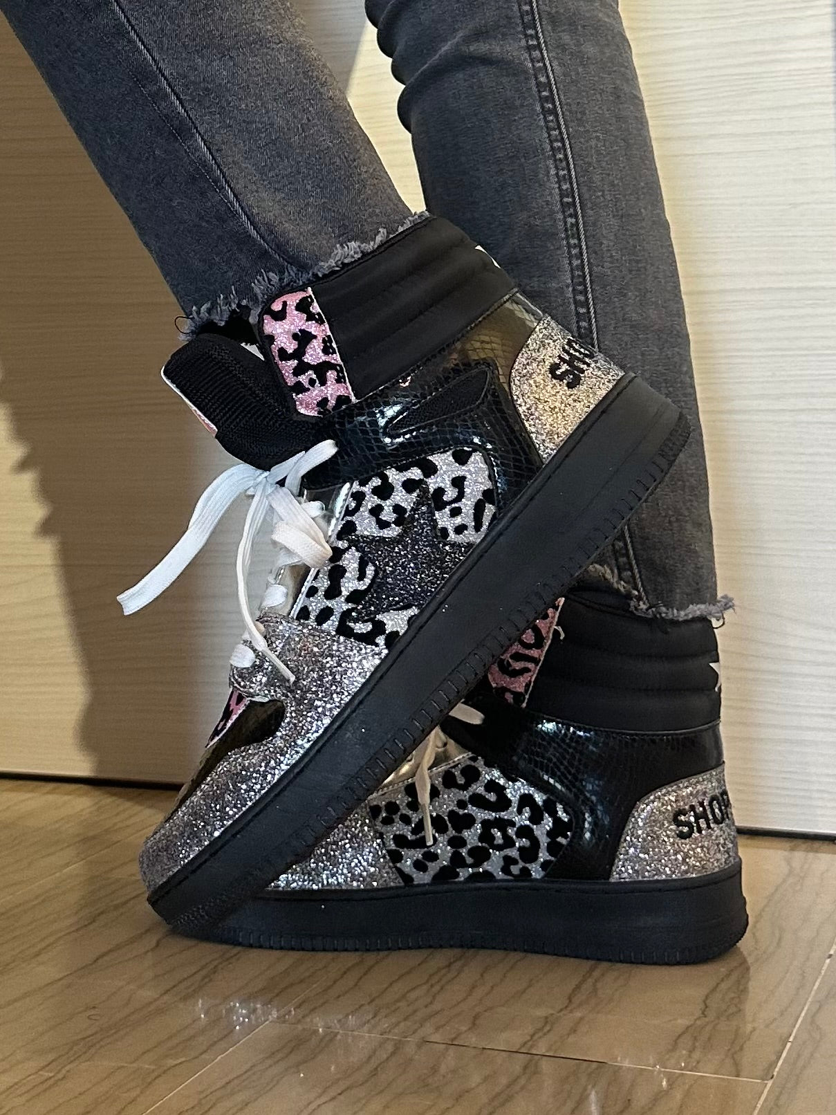 BASKET HAILEY SHOP ART SNEAKER NERA ROSA E LEOPARDATA