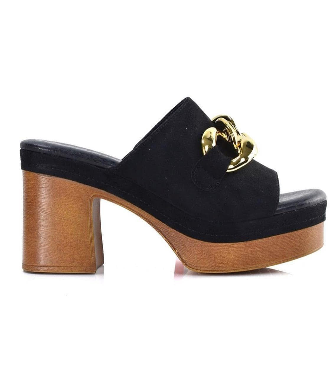 CIABATTA XTI DONNA NERA CON TACCO LARGO E CATENA ORO