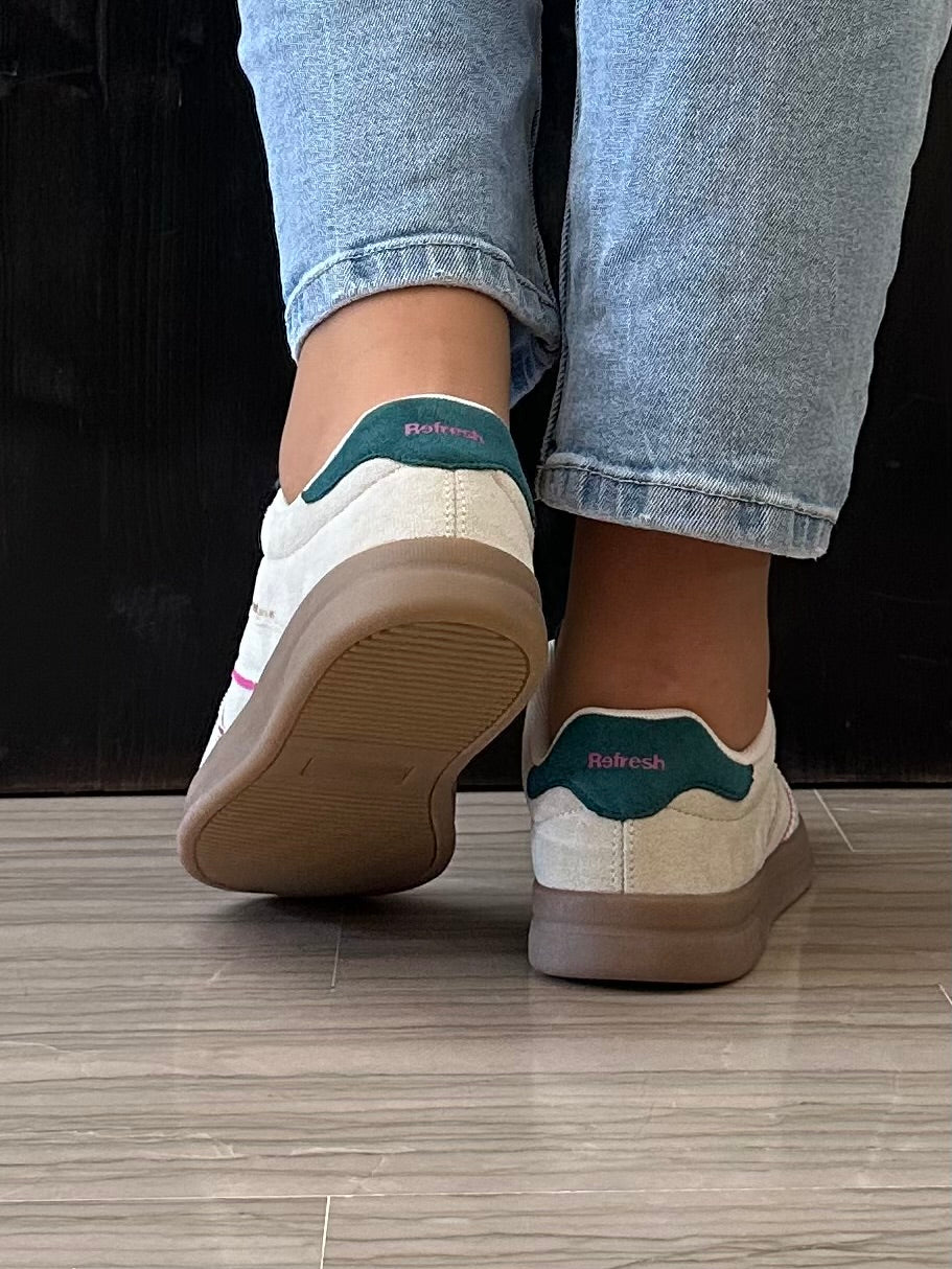 Sneaker donna Refresh beige con dettagli verde petrolio e rosa