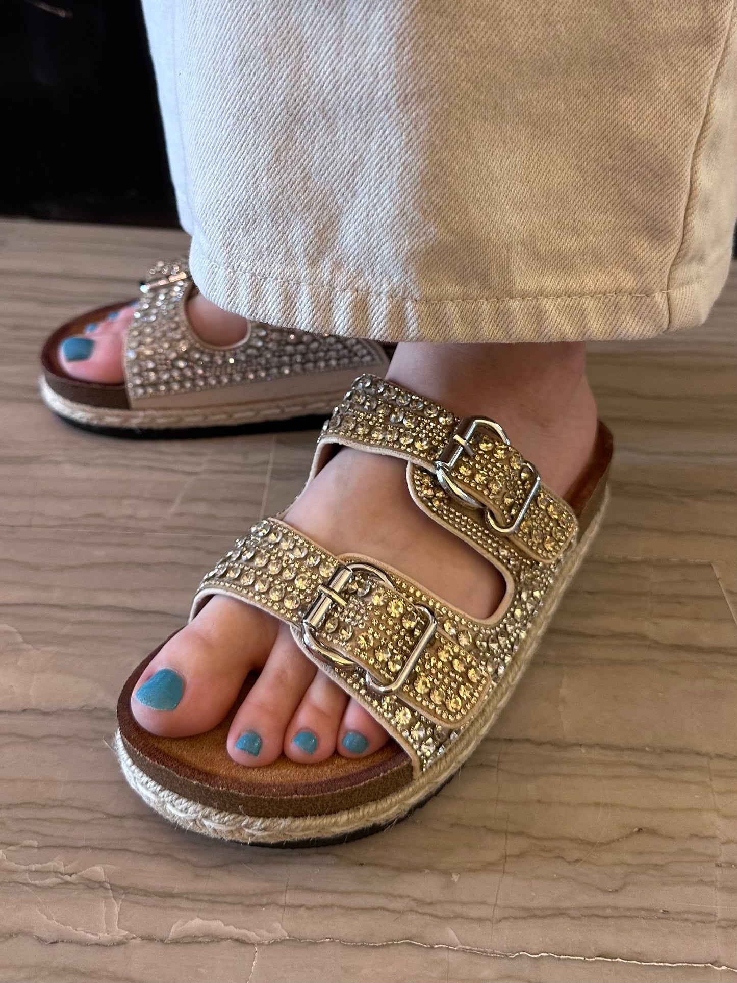 Ciabatta Donna Marina Torres Oro con Strass e Doppia Fibbia