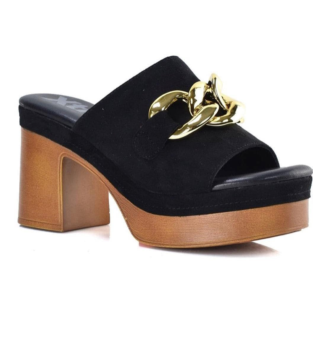 CIABATTA XTI DONNA NERA CON TACCO LARGO E CATENA ORO