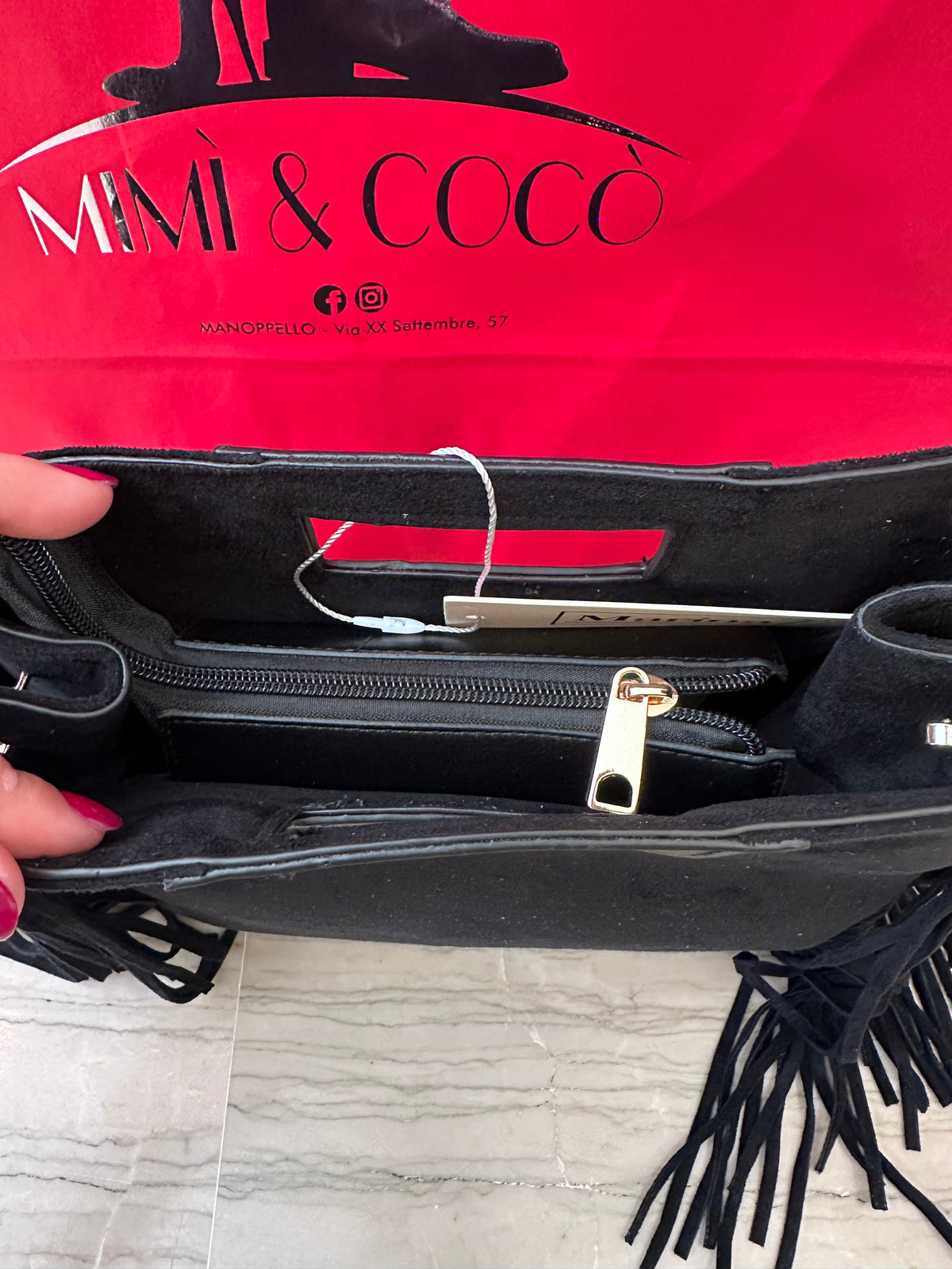Borsetta Donna Marina in Camoscio Nero con Frange – Mano o Tracolla