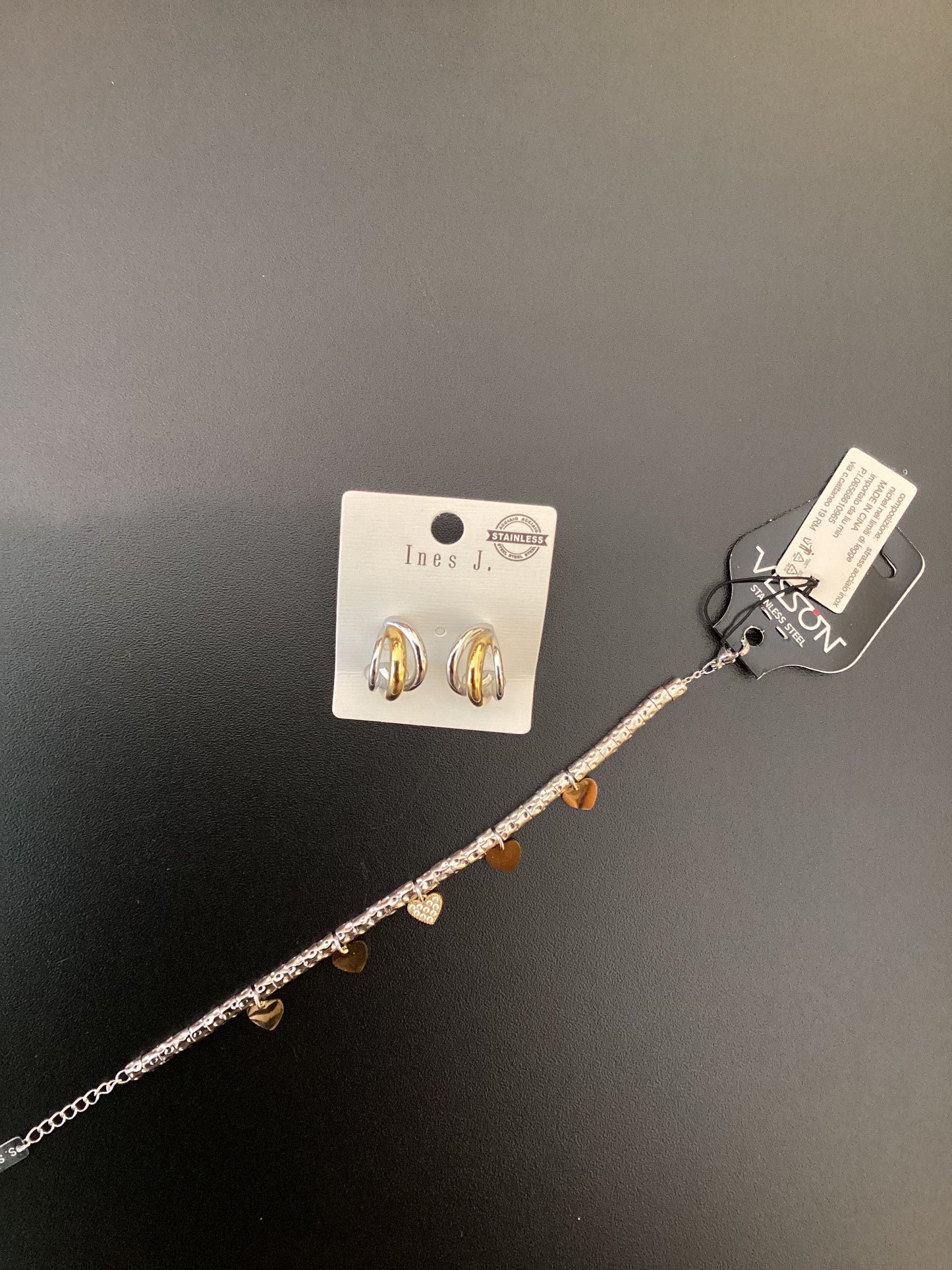 SET ORECCHINI E BRACCIALE ACCIAIO COLOR ORO E ARGENTO