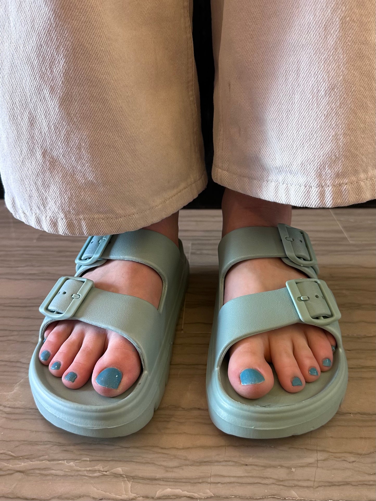 Ciabatta Donna HOTSAND Verde Acqua Doppia Fascia con Fibbie e Platform