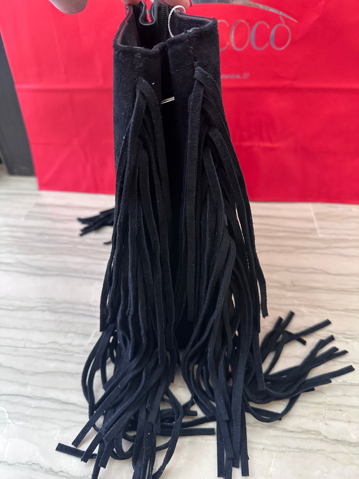 Borsetta Donna Marina in Camoscio Nero con Frange – Mano o Tracolla