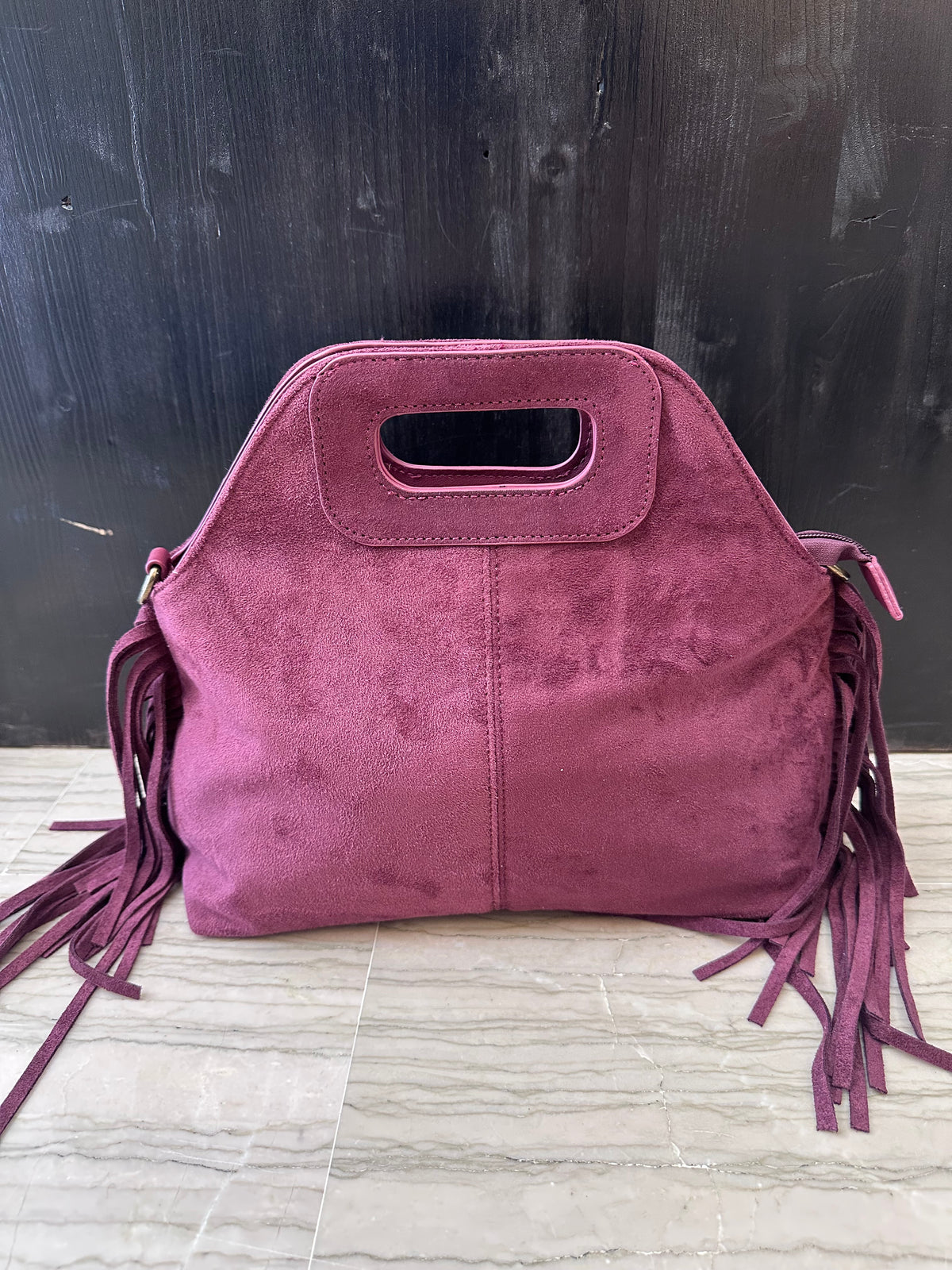 Borsa donna Beta.B in effetto camoscio con frange – Manico a mano
