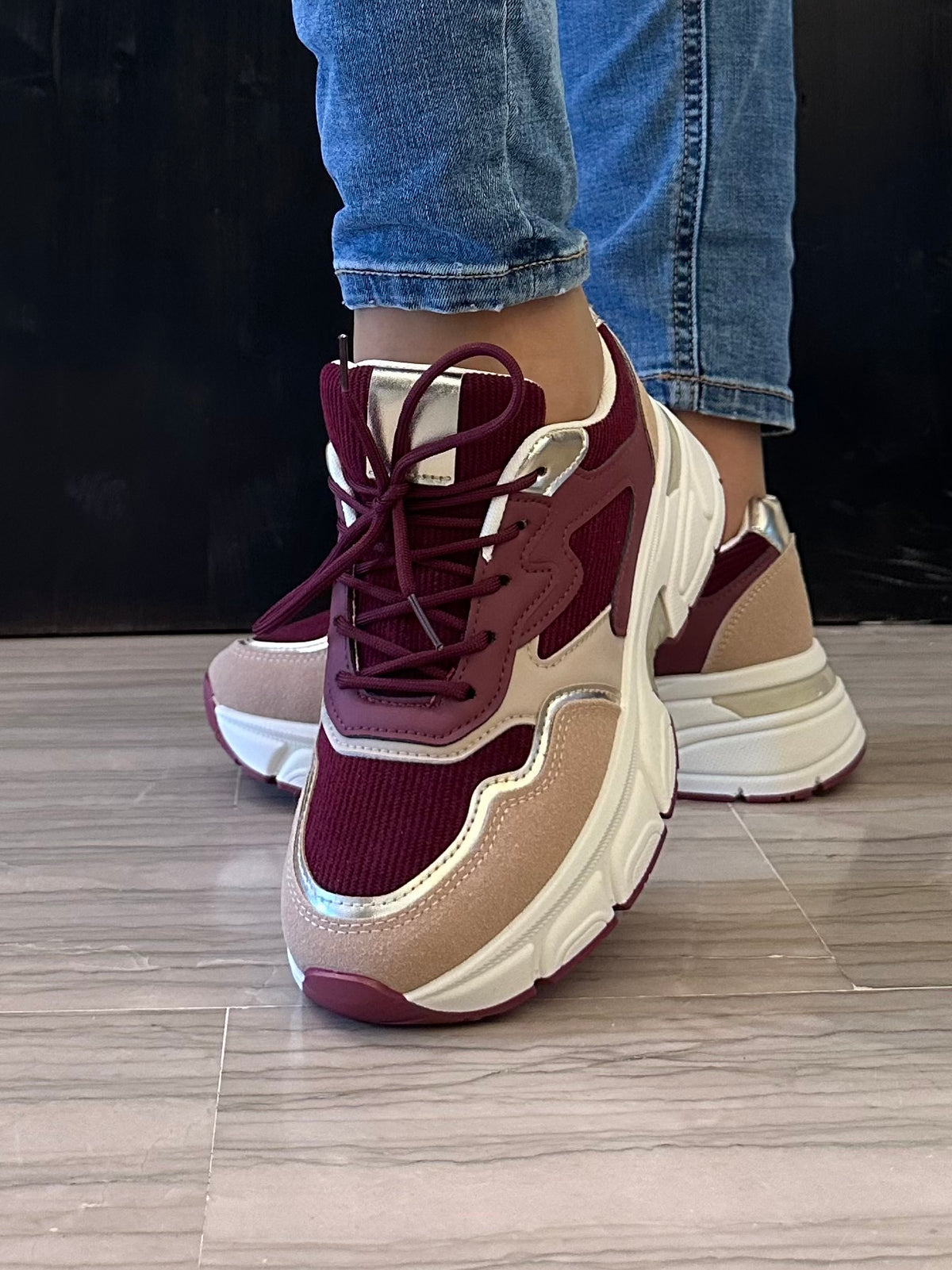 Sneaker donna Mellisa bordeaux e beige con platform alta