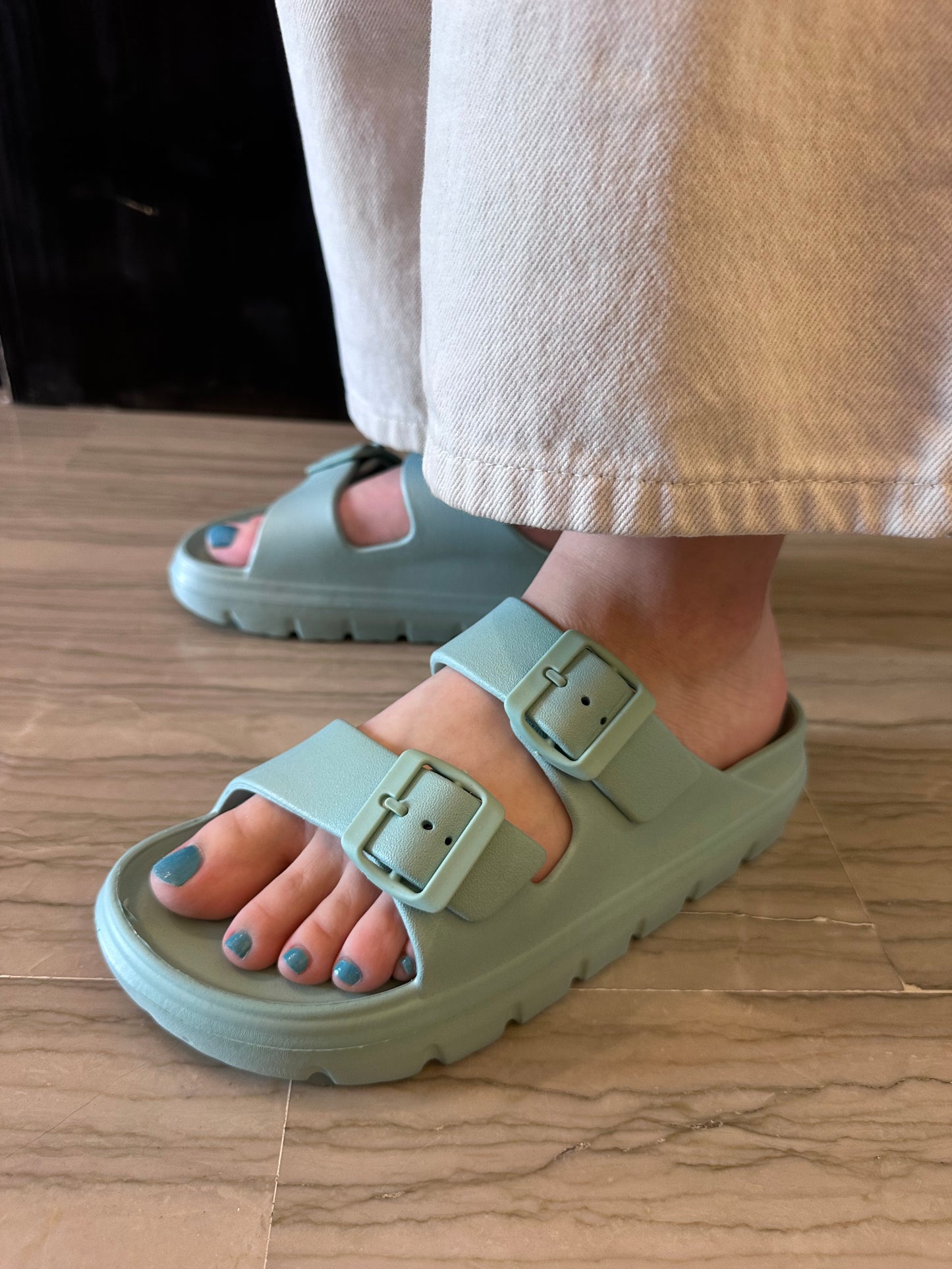 Ciabatta Donna HOTSAND Verde Acqua Doppia Fascia con Fibbie e Platform