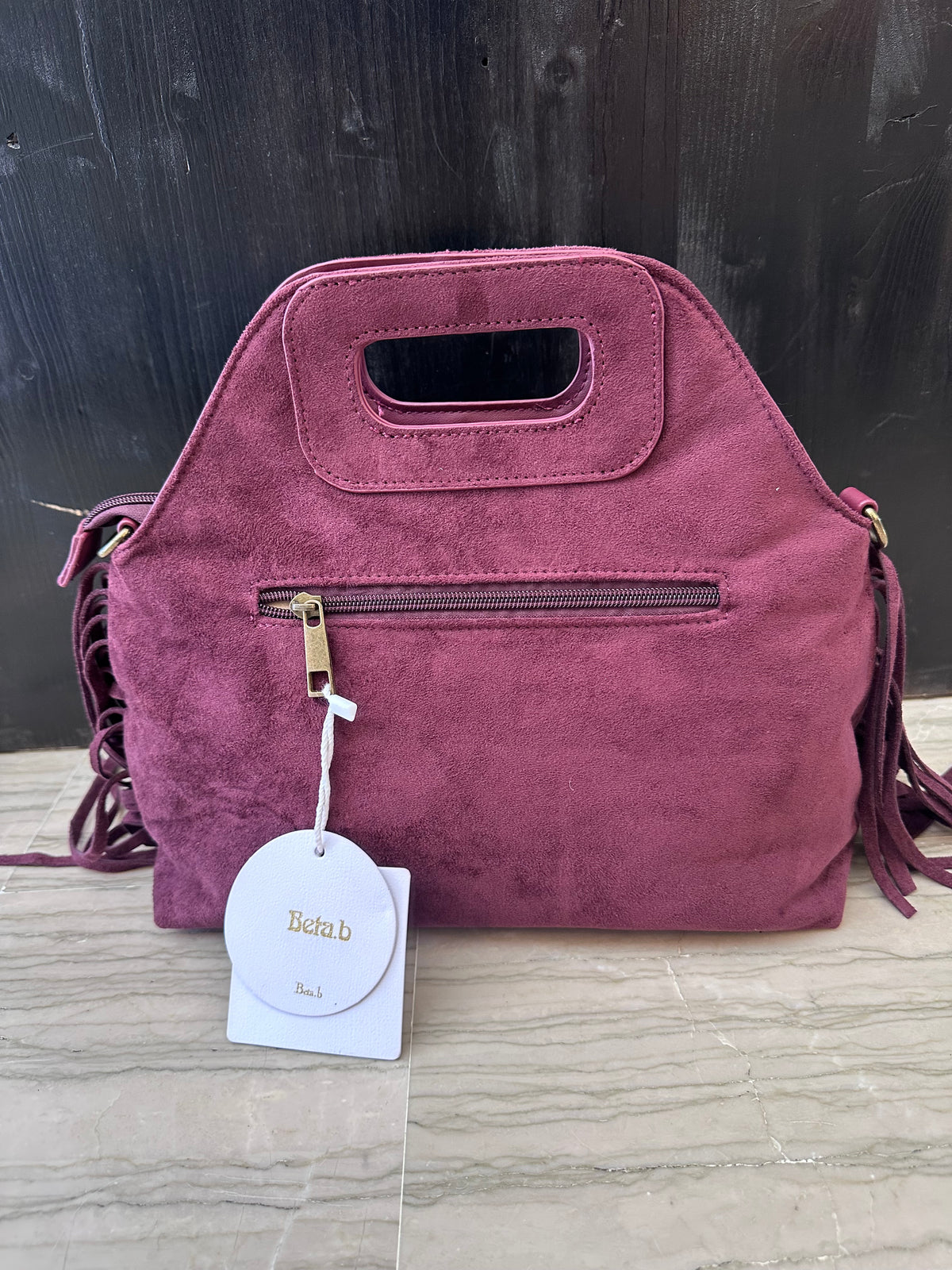 Borsa donna Beta.B in effetto camoscio con frange – Manico a mano