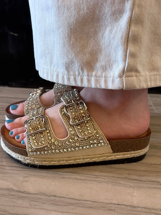 Ciabatta Donna Marina Torres Oro con Strass e Doppia Fibbia