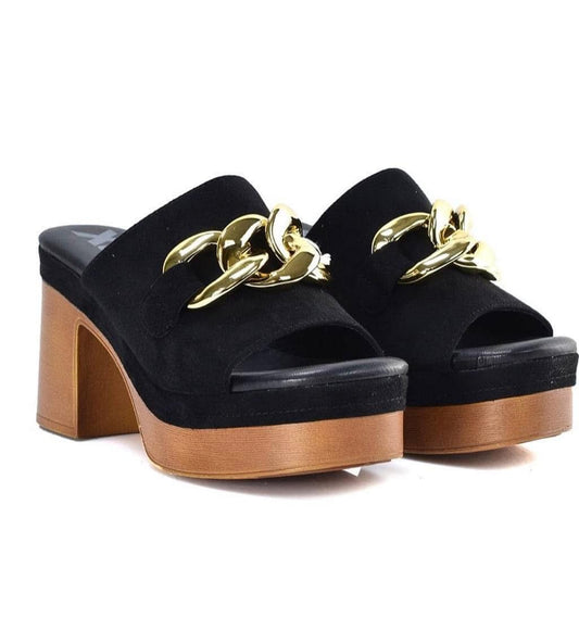 CIABATTA XTI DONNA NERA CON TACCO LARGO E CATENA ORO