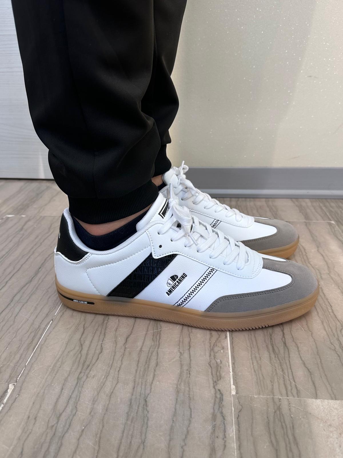 SNEAKERS UOMO AMERICANINO BIANCHE CON DETTAGLI NERI E GRIGI - SUOLA BEIGE IN GOMMA