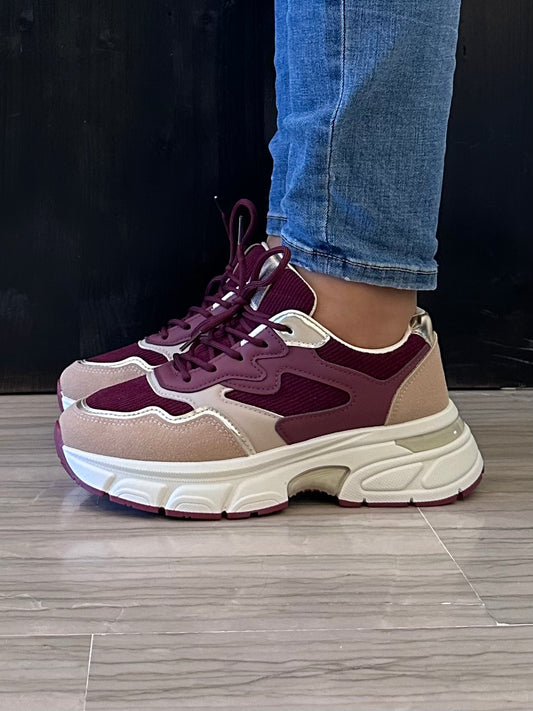 Sneaker donna Mellisa bordeaux e beige con platform alta