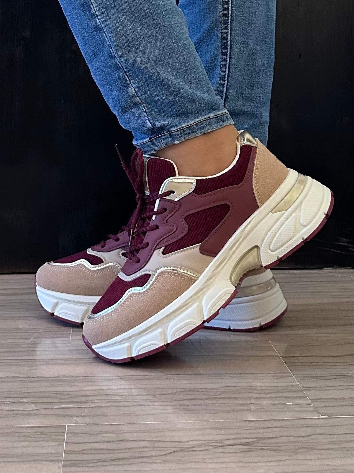 Sneaker donna Mellisa bordeaux e beige con platform alta