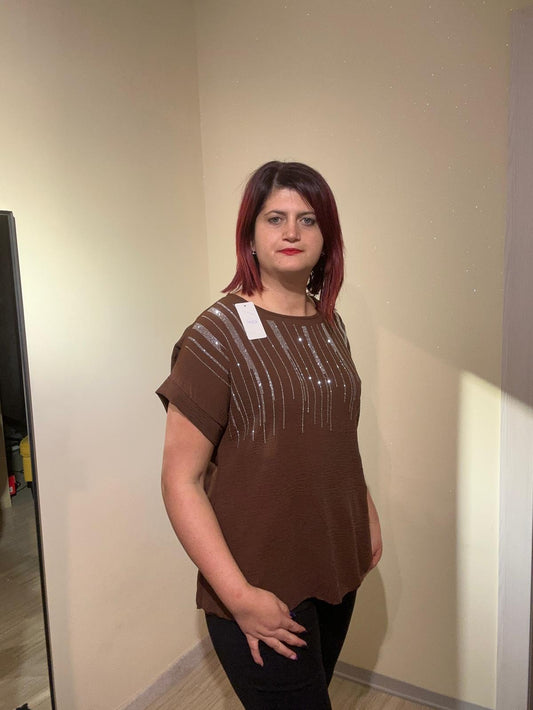 MAXI T-SHIRT DONNA MARRONE CON STRASS