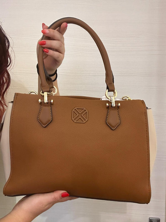 BORSA DONNA XTI RIGIDA COLOR CUOIO E BEIGE A CONTRASTO