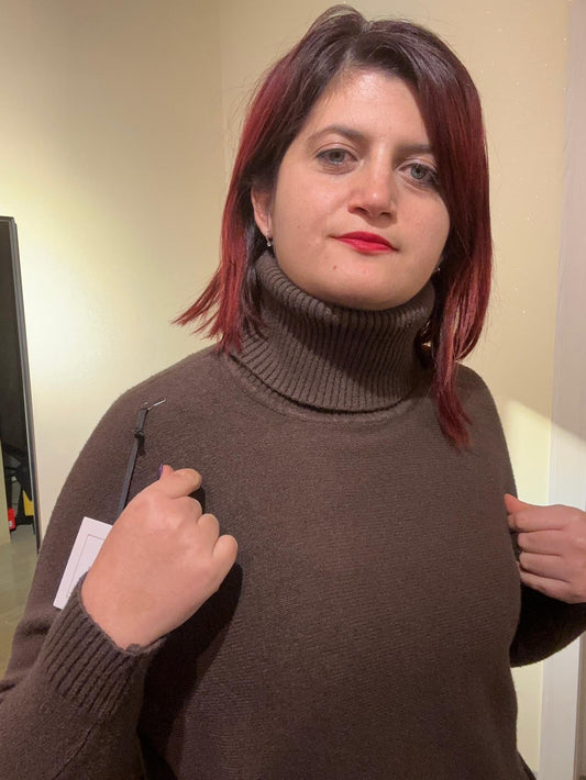 MAXI PULL DONNA IN VISCOSA MARRONE COLLO ALTO