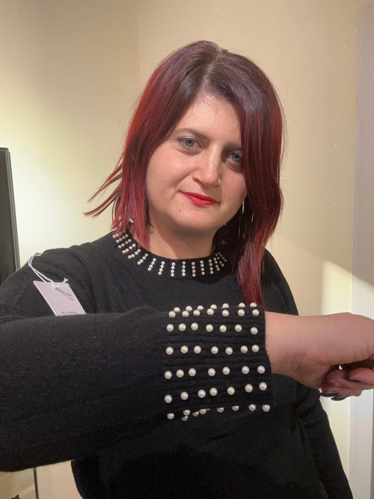 MAGLIA DONNA NERA CON PERLE IN VISCOSA