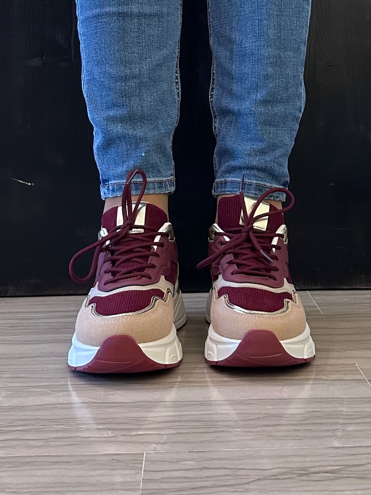 Sneaker donna Mellisa bordeaux e beige con platform alta