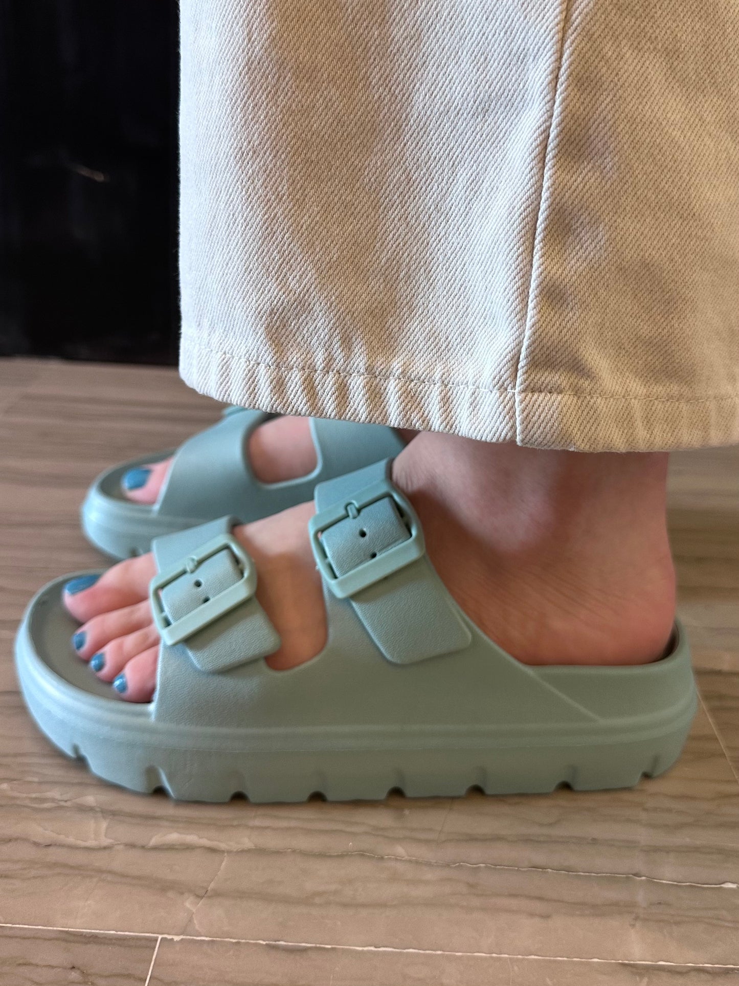 Ciabatta Donna HOTSAND Verde Acqua Doppia Fascia con Fibbie e Platform