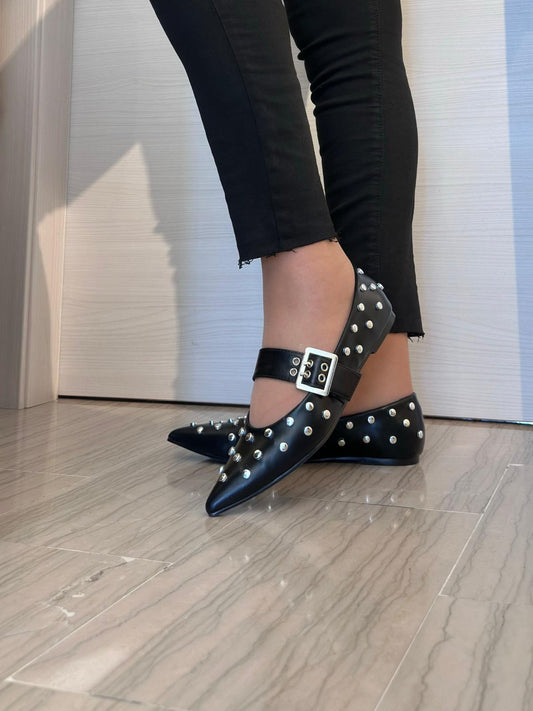 BALLERINA A PUNTA DONNA MARINA TORRES NERA CON BORCHIE