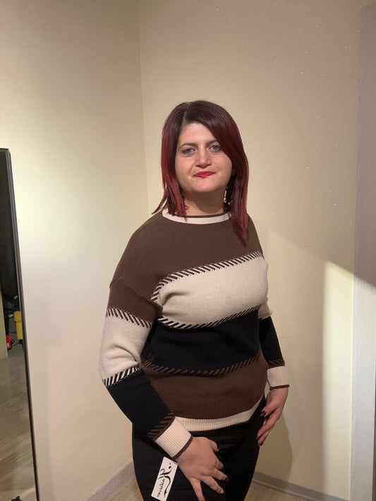 MAGLIA DONNA VISCOSA A FASCE MARRONE NERO E BEIGE