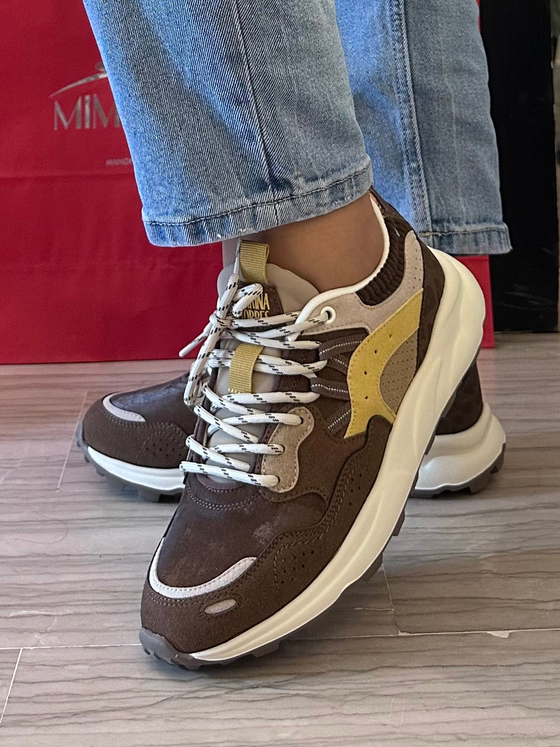 Sneaker Donna Chunky Running Retrò Marrone con Inserti Animalier – Marina Torres
