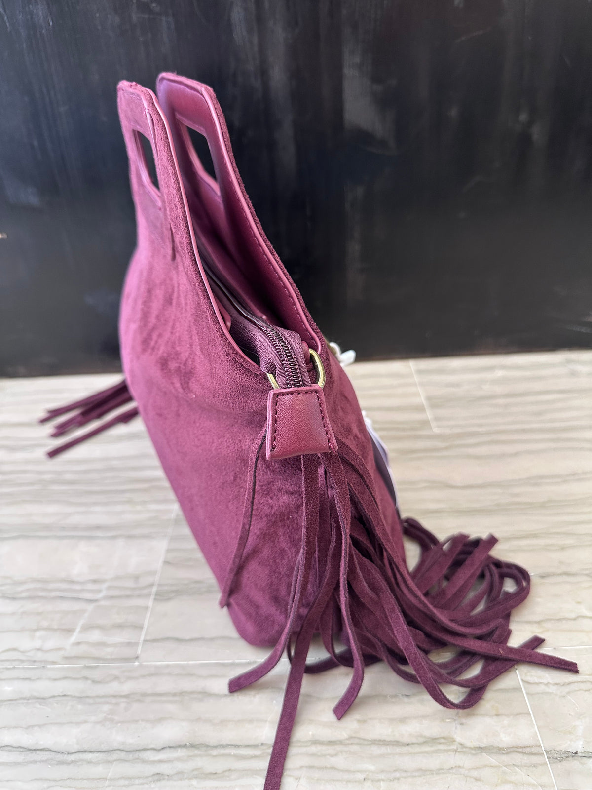 Borsa donna Beta.B in effetto camoscio con frange – Manico a mano