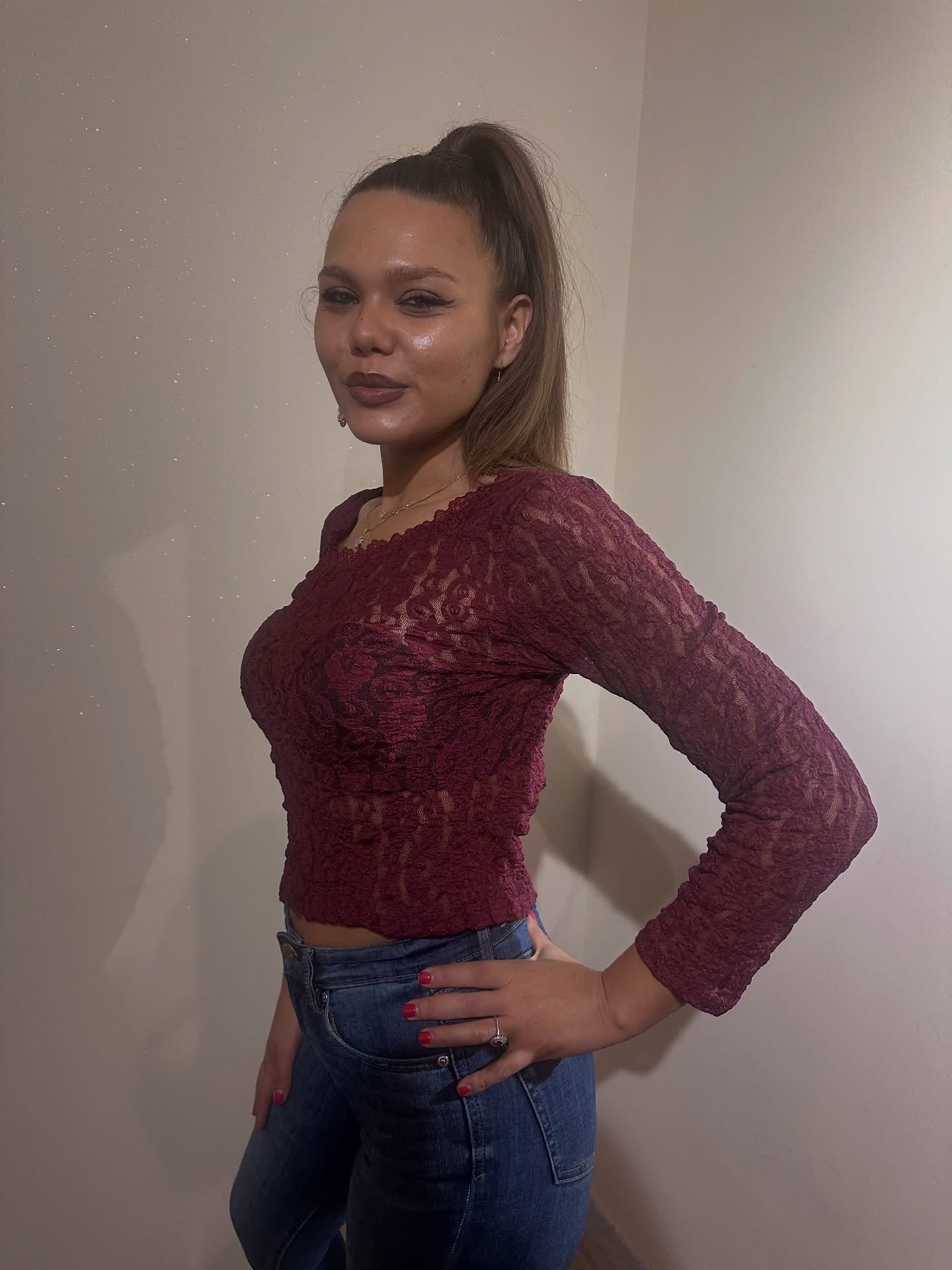 TOP DONNA IN PIZZO BORDEAUX