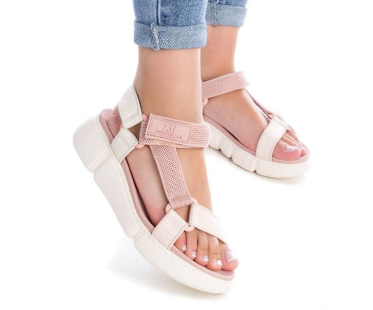SANDALO XTI DONNA BASSO ROSA E BEIGE CON VELCRO