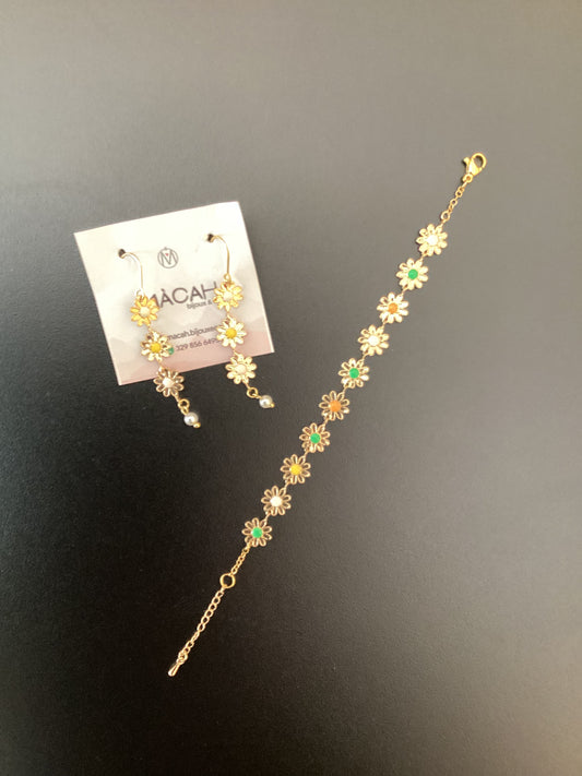 SET ORECCHINI E BRACCIALE ACCIAIO COLOR ORO FIORELLINI