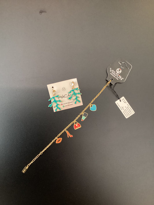 SET BRACCIALE E ORECCHINI IN ACCIAIO COLOR ORO E VERDE ACQUA