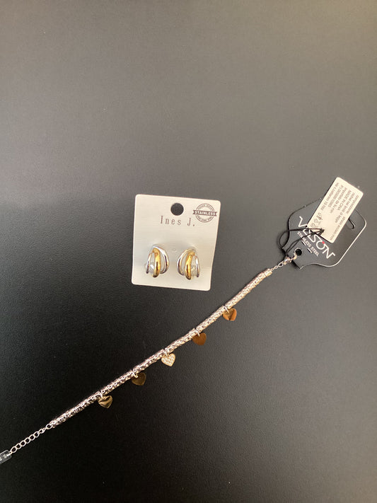 SET ORECCHINI E BRACCIALE ACCIAIO COLOR ORO E ARGENTO
