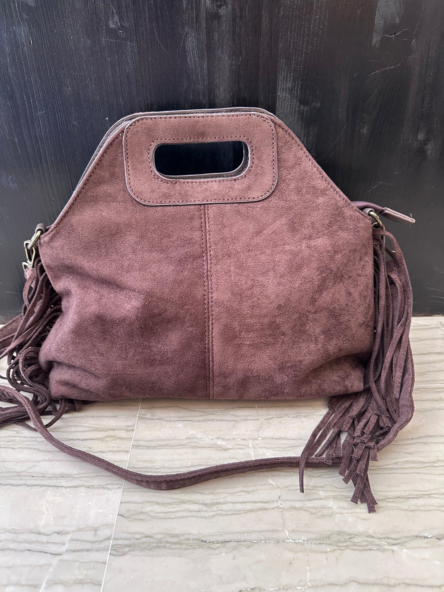 Borsa donna Beta.B in effetto camoscio con frange – Marrone
