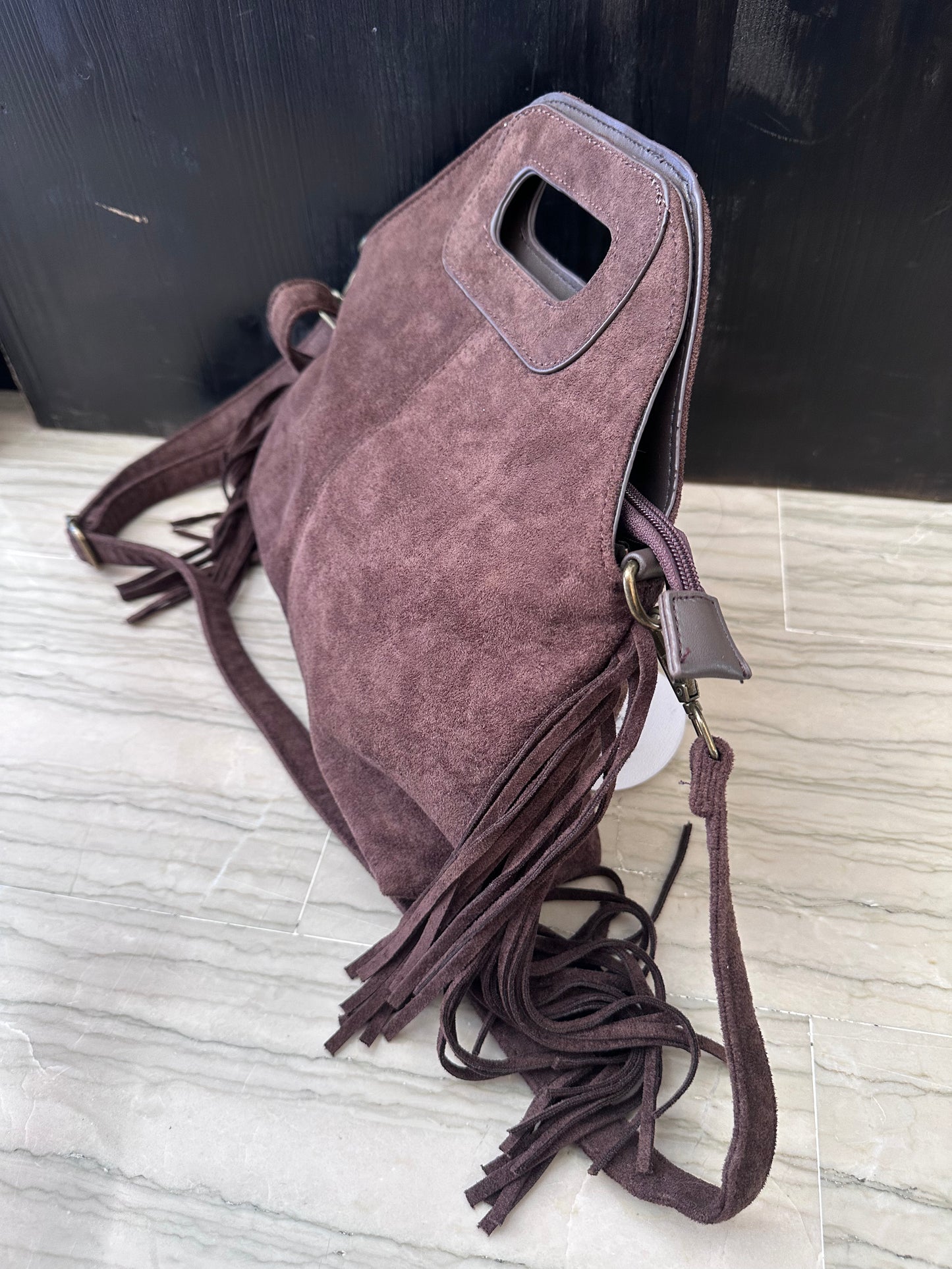 Borsa donna Beta.B in effetto camoscio con frange – Marrone