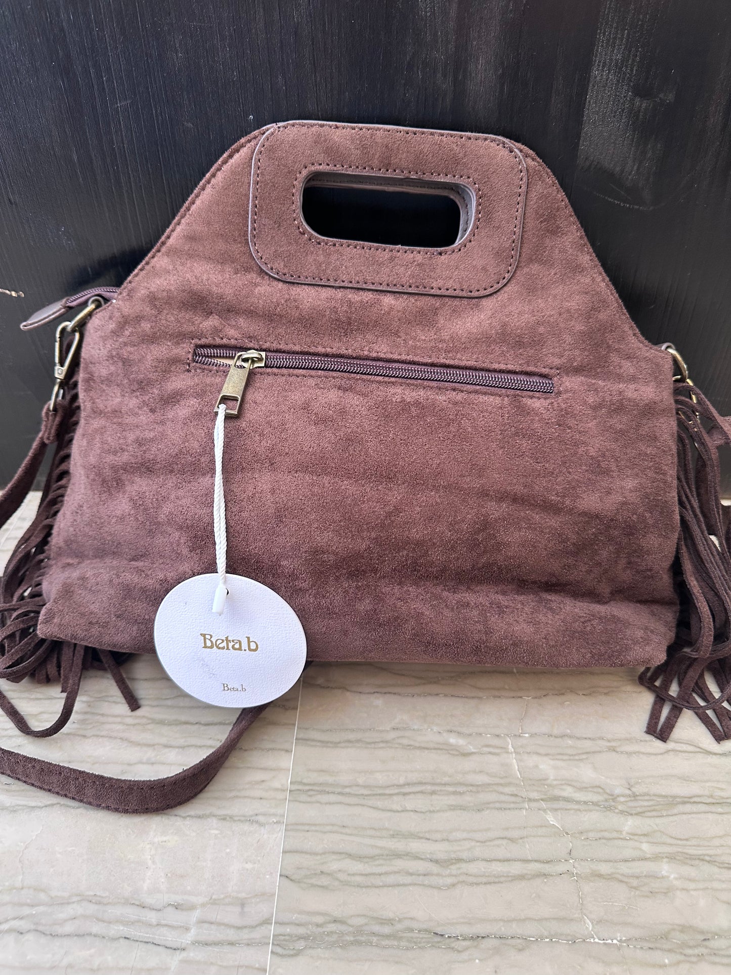 Borsa donna Beta.B in effetto camoscio con frange – Marrone